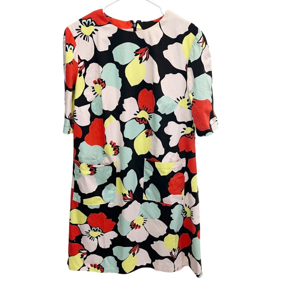 Talbot Runhof Black Retro Floral Shift Dress Pockets Artsy Art to Wear - Size 14